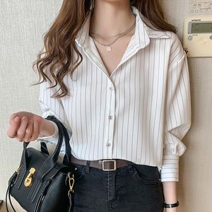 Women's Blouses Striped Three Quarter Shirt Women Button Turn-down Collar Top 2022 Spring Autumn Office Lady Chiffon Camisas De Mujer