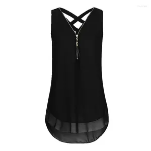 Blouses pour femmes Style femmes chemises décontracté en mousseline de soie Blouse Slim hauts col en V sans manches fermeture éclair ceinture croisée pansement gilet ample