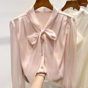 Damesblouses Stijlvolle strikblouse Dames met lange mouwen Organza Chffion Patchwork Lente Herfst Koreaanse Tops Wit Roze Shirts