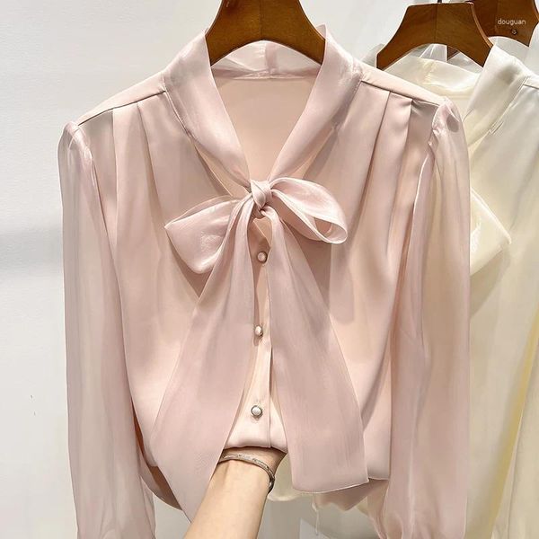 Blusas de mujer, blusa con lazo elegante para mujer, blusas coreanas de manga larga de Organza con retales para primavera y otoño, camisas blancas y rosas