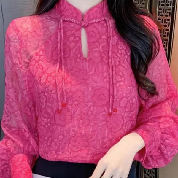 Blusas de mujer con hebilla elegante y cuello levantado, camisas dulces con bordado Floral rojo rosa para traje de otoño de estilo chino