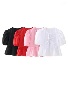 Damesblouses Stijlvol Kanten O-hals Shirt Voor 2024 Lente Zomer Temperament Bladerdeegmouwen Slanke Shirts Vrouwelijke Elegante Commuter-kleding