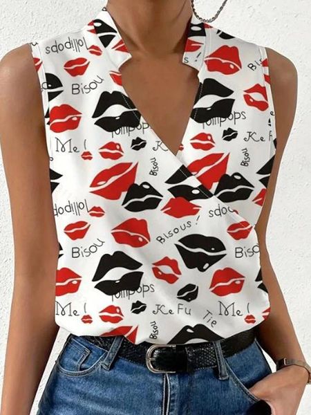 Blusas de mujer, elegante jersey sin mangas de verano con cuello en V, camisa con estampado de labios, ropa de calle Vintage, Tops, ropa ligera para mujer