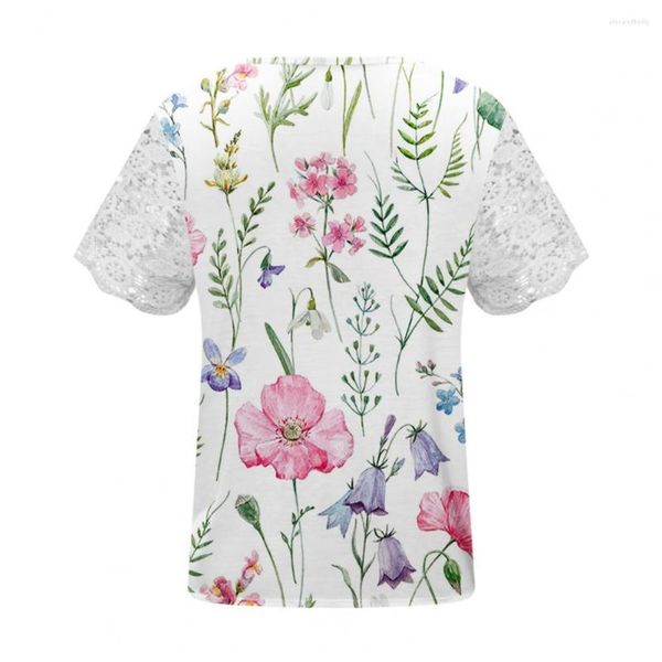 Chemisiers pour femmes élégant t-shirt élastique Crochet dentelle couture Colorfast décontracté ample impression florale été hauts polyvalent