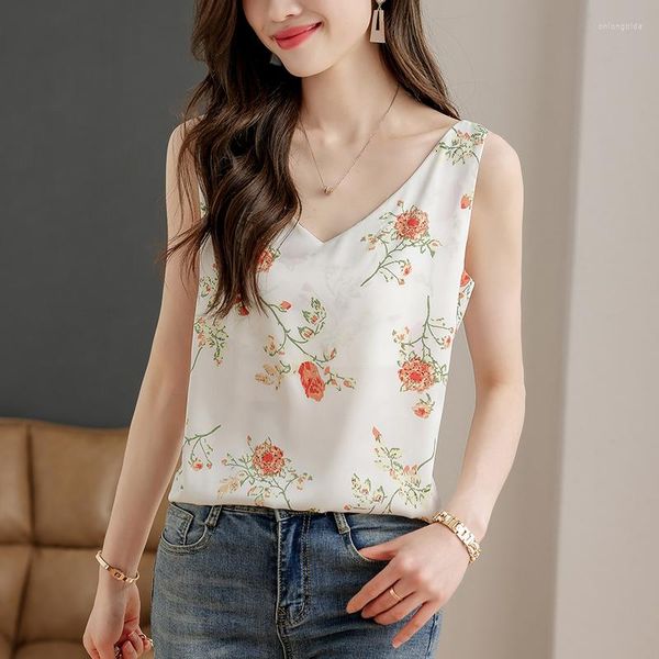 Blusas de mujer verano 2023 moda mujer blusa elegante gasa sin mangas Floral pulóver Top Casual chaleco camisas