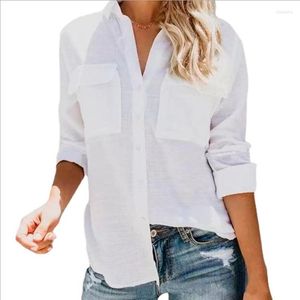 Dames blouses zomer 2023 Roll -up flip wit lange mouw shirt v nek werk solide casual top met zakken dames knoop omlaag