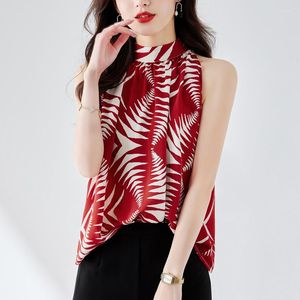 Blouses Femmes Été 2023 Femmes Blouse Élégant Rouge En Mousseline De Soie Sans Manches Imprimé Géométrique Pull Col En V Bureau Dame Fo Rmal Chemises