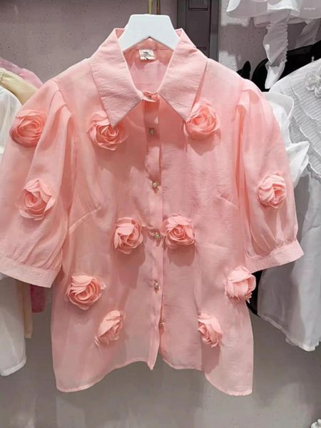 Blusas para mujeres Summer 2024 Elegante blusa rosa Diseño de mujeres 3d Flores delgadas Camisa transparente Top Femenina Femenina French Half Puff manga