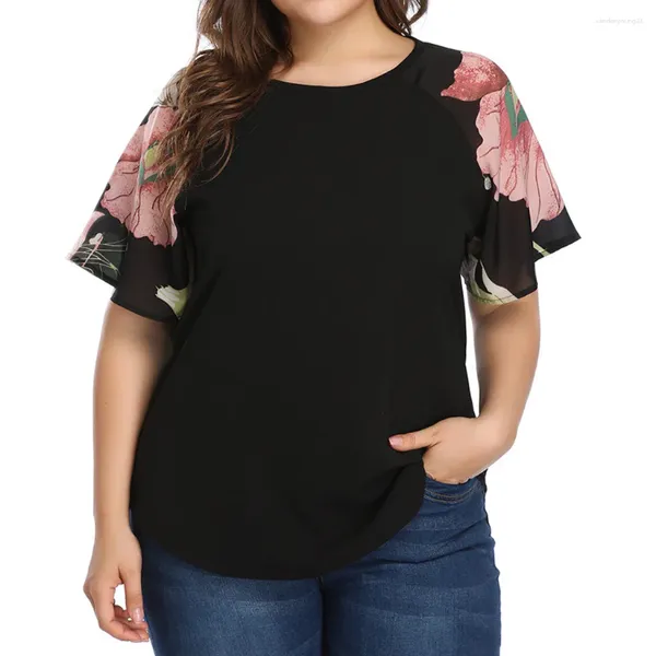 Blusas de mujer Camisas de verano 4XL Moda para mujer Tamaño grandeMujeres Casual Estampado floral Túnica Tops O-cuello Blusa sólida Blusas de manga corta