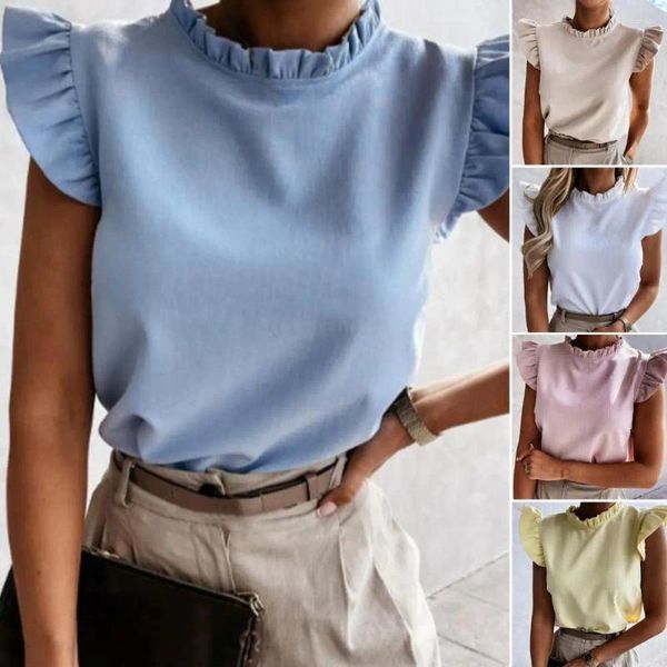 Blouses pour femmes Chemisier d'été décontracté mince à manches courtes col rond plissé épissage chemise femmes mode blanc pull chemises Blusas