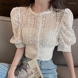 Blouses pour femmes Blouse d'été femmes coréennes évider dentelle chemise blanche 2023 à manches courtes bouton chemises amples solides femmes hauts