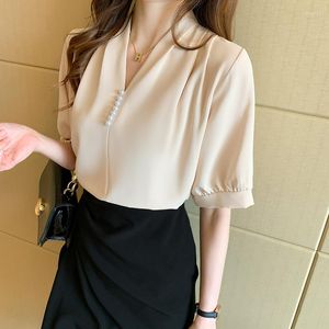 Blusas para mujeres Summer Blusas Mujer Pearls Beading V Neck Women Women Whuse BLUSE GLUSIÓN Ladies Trabajo de trabajo Camisa y tops coreanos