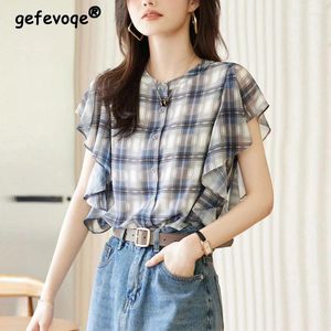 Blouses pour femmes Summer Fashion Fashion Ruffles à manches courtes Plaid Printing Shirt Ladies All-Match Cardigan Top Women Elegant Vintage