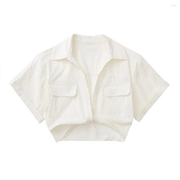 Blusas para mujeres Patches informales de verano Patch Lino con cañón corta Bloqueía Smock Lady Chic Kimono Camisa Cortada Blusas Tops