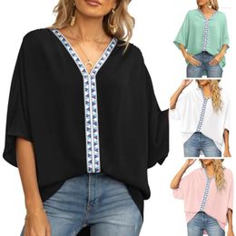 Женские блузки, летняя повседневная цветная шифоновая рубашка с v-образным вырезом, свободный топ с рукавами «летучая мышь», лоскутная блузка, рабочая одежда