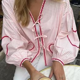 Women's Blouses Summer Chic Love Plaid Shirt Women Lantern Sleeve Lace Up Loose Casual Bow V-Neck Vrouwelijke dame Outswear