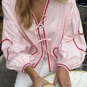 Blouses de femmes Summer Chic Love Plaid Shirt Femme Lantern Sleveve Lace Up Loose Casual Cascy V-Neck Femme Dame Outwear