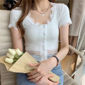 Damesblouses zomer katoenen blouse voor vrouwen Koreaanse slanke kanten knop omhoog korte mouw vrouw shirt tops witte stijl clohthing 15060