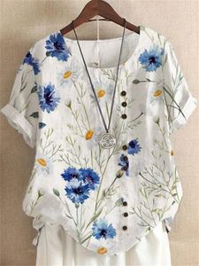 Blusas de mujer Camisa de flores con estampado de margaritas de verano Mujer Casual O-cuello Botón de manga corta Jersey blanco Top Ladies Elegant Street Blous 2xl