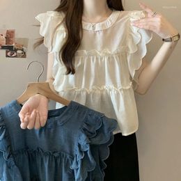 Damesblouses Zomer Dubbellaags Ruches Stiksels Blouse Dames Mouwloos Top Chiffon Overhemd 2023 O Hals Losvallend Vrouw Casual Geborduurd