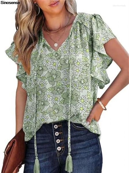 Blouses pour femmes Summer Elegant Boho Shirts Vintage Floral Imprime V Cou Ruffle Ruffle Short Sleeve Bohemian Tops Casual Loose Murffon