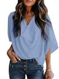 Dames blouses zomer elegante solide kleur chiffon vrouwen sexy paal v kraag losse shirts blusas casual korte mouwen strand pulover tops