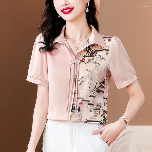 Blouses pour femmes Fashion Summer Casual Short Polo-Neck Style Chinese Style Up Satin imprimé Shirts Tops