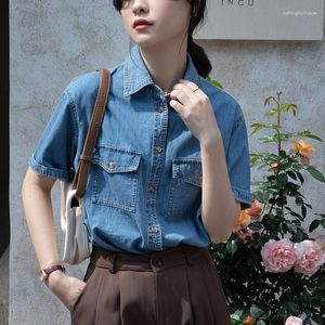 Damesblouses zomer mode denim shirt 2023 vintage korte mouw solide kleur veelzijdige slanke blauwe vrouwen