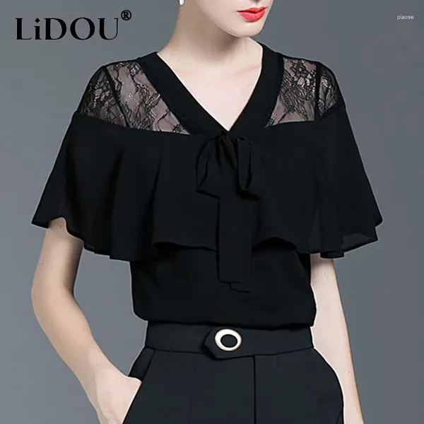 Blouses pour femmes Mode d'été Vêtements féminins Col en V Noir Manches papillon Tops courts Femmes Casual Lâche Dentelle Patchwork Chemise en mousseline de soie