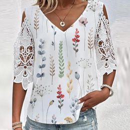 Blusas de mujer Moda de verano Blusa con hombros descubiertos Camisas Mujer Casual Estampado floral Bordado Encaje Hollow Tops Cuello en V Jersey de manga corta