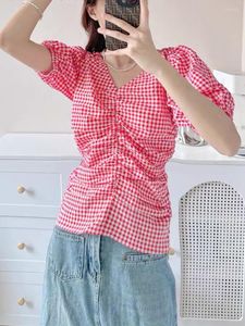Women's Blouses Summer Fashion Red Geplooid Ploeged Shirt For Ladies 2023 V-Neck Puff Sleeve dames slanke zoete blouse