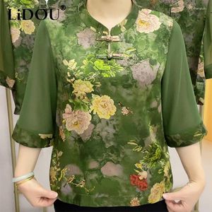 Blouses pour femmes Mode d'été Col montant Lâche Casual Impression Chemise Femme 3/4 Manches Élégant Pull Top Femmes Surdimensionné Vintage