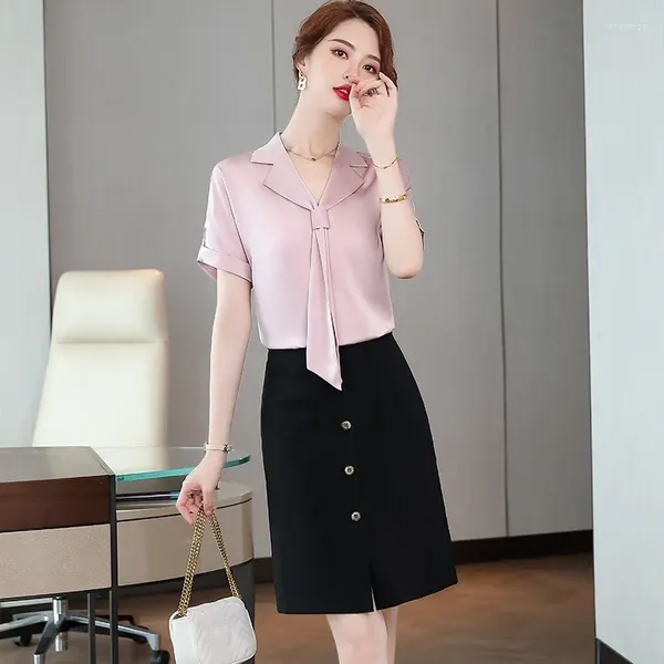 Blouses pour femmes Mode d'été Femmes Chemises Rose Manches courtes Travail Unfirom Bureau Dames 2 pièces Jupe et Top Ensembles