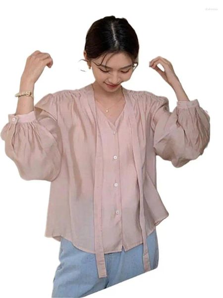 Blusas de mujer Verano Diseño de rayón femenino Sentido Cuello en V Camisas atadas Ligeras Sueltas Oficina Señora Casual Sólido Manga larga Abrigos