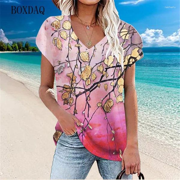 Blusas de mujer, camisas con gráficos florales de verano para mujer, ropa de calle informal de manga corta para playa, jerséis con cuello en V para mujer, Tops