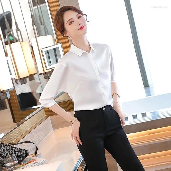 Blouses pour femmes D'été Formelle Femmes Chemises Blanc Demi Manches 2 Pièces Pantalon Et Hauts Ensembles Bureau Dames Travail Chemisier Pantalons