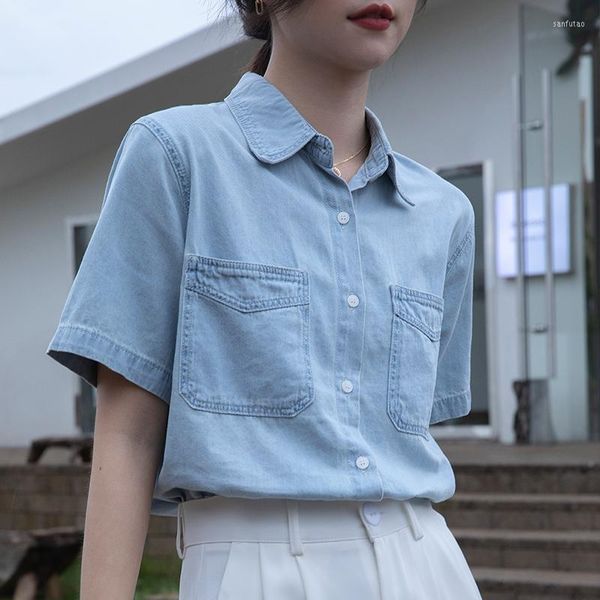 Blusas de mujer verano moda francesa elegante botón bolsillo Vintage suelta manga corta todo-fósforo azul claro mujer camisa de mezclilla para Z277