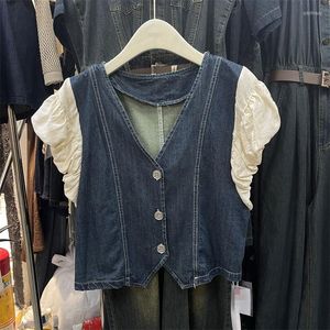 Blusas de mujer, blusa de manga corta con burbujas Retro francesa de verano para mujer, camisa vaquera con Panel de cuello en V, ropa superior holgada única y versátil para mujer