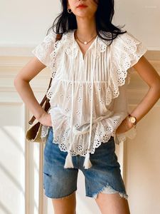 Blouses pour femmes été français blanc coton chemises femmes broderie évider vacances Style dames hauts plage vacances décontracté Boho Blouse