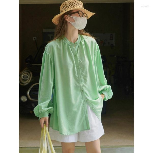 Blusas de mujer verano hierba verde camisas sueltas Lyocell Tops mujer linterna manga cuello alto protección solar fresca coreana perezoso cielo azul