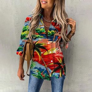 Women's Blouses Summer Hawaiiaanse shirts Hawaii Beach Print Fashion Resort Kleding Polo Collar Long Sleeve Blouse Tops Spring plus maten