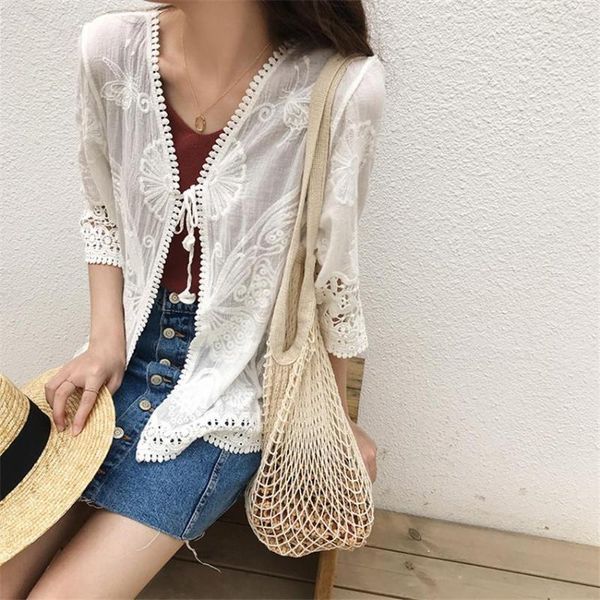 Blouses pour femmes été vacances plage crème solaire dentelle Kimono Cardigan femmes manches 3/4 point ouvert dos évider Crochet Blouse chemise mince