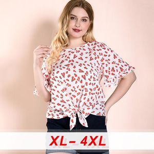 Blouses pour femmes été idyllique fleur imprimé manches courtes évasées femmes nœud papillon lâche décontracté grande taille imprimé fleuri dames chemise vêtements