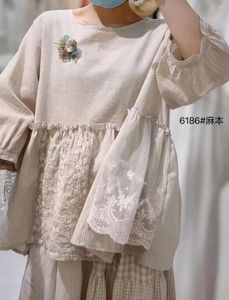 Blouses des femmes Summer en haut pour femmes O-Neck Japan Mori Girl Coton Linen Shirt Loose Wide Lolita mignon Pullover Blusa Feminina Coat