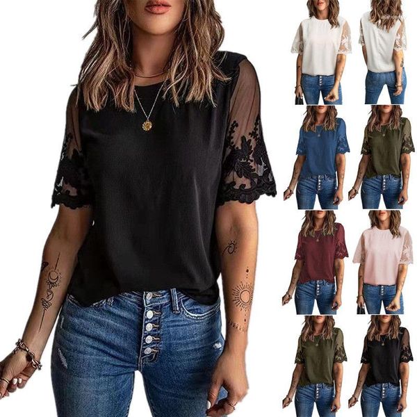 Blouses pour femmes Station indépendante Amazon Fashion Street Couleur solide Round Cou Short Sleeves Top Lace Mariffon Shirt
