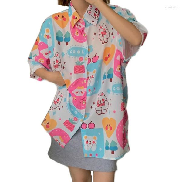 Blusas de mujer, camisas con botones con estampado de oso de dibujos animados Kawaii de verano, blusa informal estilo Lolita para niñas y adolescentes, Blusas lindas para mujeres Harajuku