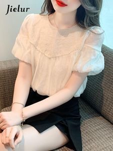 Damesblouses Zomer Koreaans borduurwerk Effen kleur Damesblouse Zoete dames Elegante abrikoos O-hals Pofmouwen Chiffon top