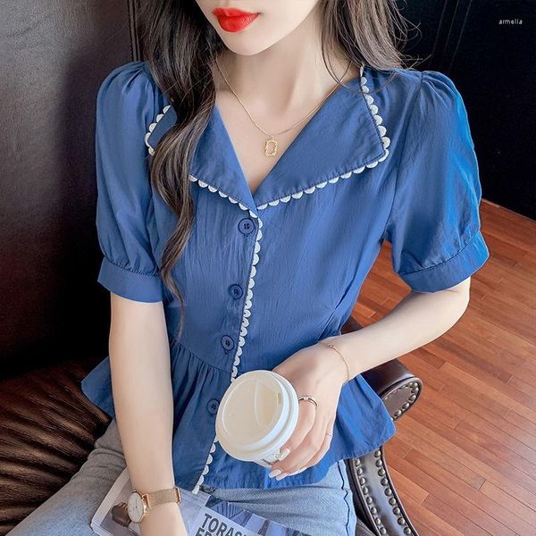 Blusas de mujer Verano Moda coreana Tops de mujer y gasa Mujer Manga corta Blanco Oficina Camisas de mujer Ropa de mujer