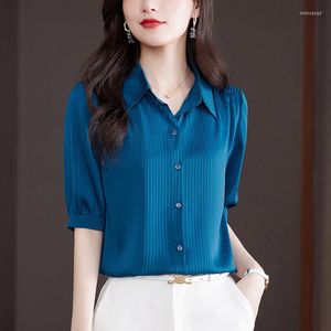 Dames blouses zomer Koreaans satijnen vrouwen shirt bedrukt temperament kantoor dame korte mouw knop camisas mujer dames tops