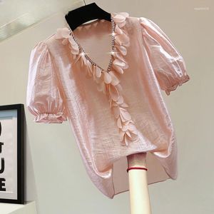 Blouses pour femmes Summer Corée Couche en V Velles Femmes Femmes Bouettes bouffées Bright Surface Bright Diamond-Embedded Mmeffon Shirt Lace Top